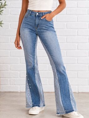 Two Tone Colorblock Patchwork Flare Jeans Distressed Hem Women's XS 29x34.5
Y